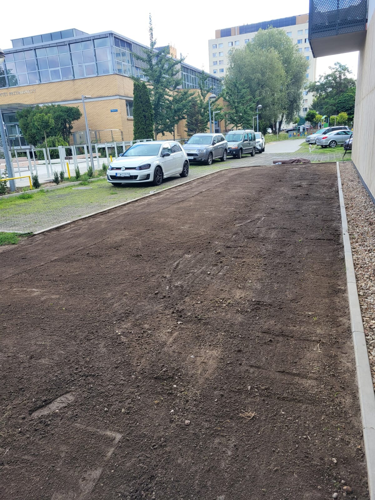 Przygotowany teren pod trawnik w otoczeniu budynków i zaparkowanych samochodów, widoczne ślady po pracach ziemnych.