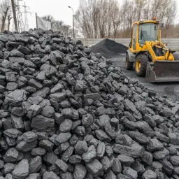Góra czarnego węgla kamiennego z żółtą ładowarką kołową w tle, widok z bliska.