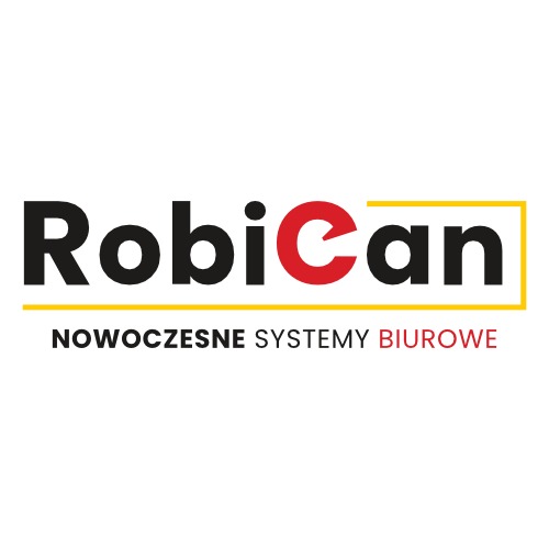 Logo firmy RobiCan, specjalizującej się w nowoczesnych systemach biurowych. Nazwa w kolorze czarnym, z czerwonym 'C' i żółtą ramką.