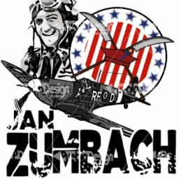 Czarno-biała grafika przedstawiająca pilota w goglach, myśliwiec Spitfire z oznaczeniem RF OD oraz napis JAN ZUMBACH na tle tarczy z gwiazdami i pasami. Grafika ma stylizowane uszkodzenia...