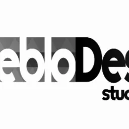 Logo 'Pueblo Design studio' z elementem graficznym w postaci ołówka, gdzie grafit ołówka jest czarny, a reszta w odcieniach szarości i żółci.