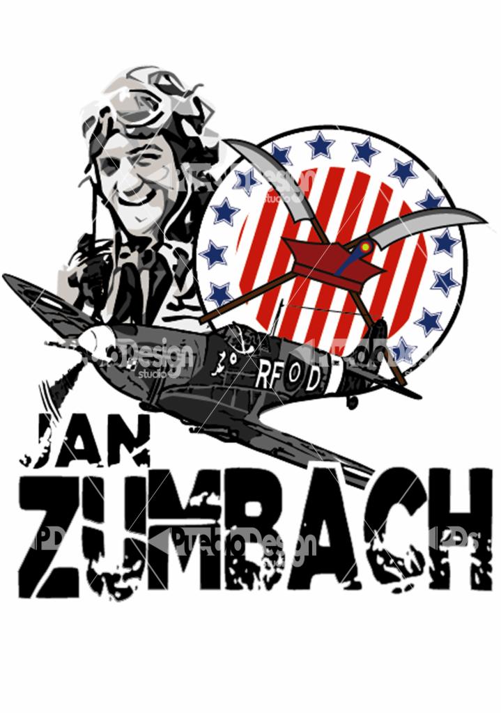 Czarno-biała grafika przedstawiająca pilota w goglach, myśliwiec Spitfire z oznaczeniem RF OD oraz napis JAN ZUMBACH na tle tarczy z gwiazdami i pasami. Grafika ma stylizowane uszkodzenia...