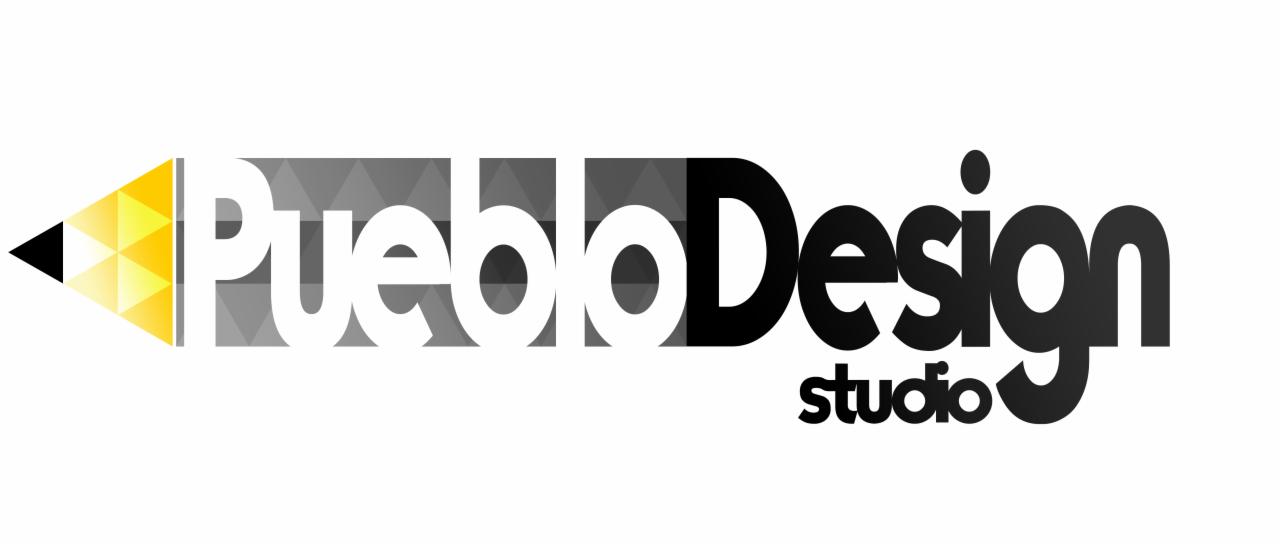 Logo 'Pueblo Design studio' z elementem graficznym w postaci ołówka, gdzie grafit ołówka jest czarny, a reszta w odcieniach szarości i żółci.