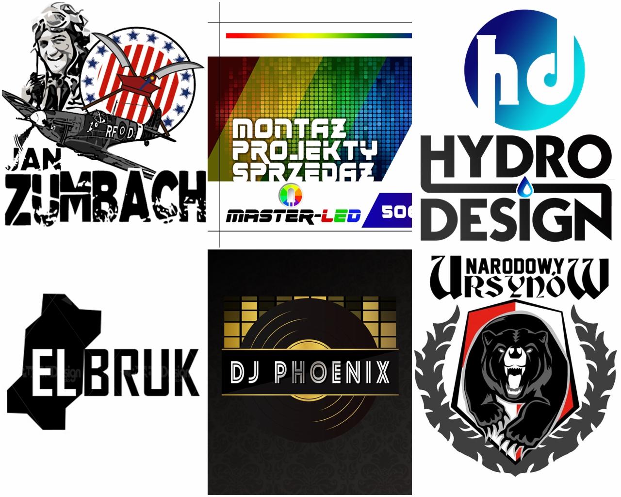Zestaw sześciu różnorodnych logo: lotnik w stylu retro, ledowe oświetlenie, hydro design, logo z niedźwiedziem, logo dj oraz logo z przekładnią.