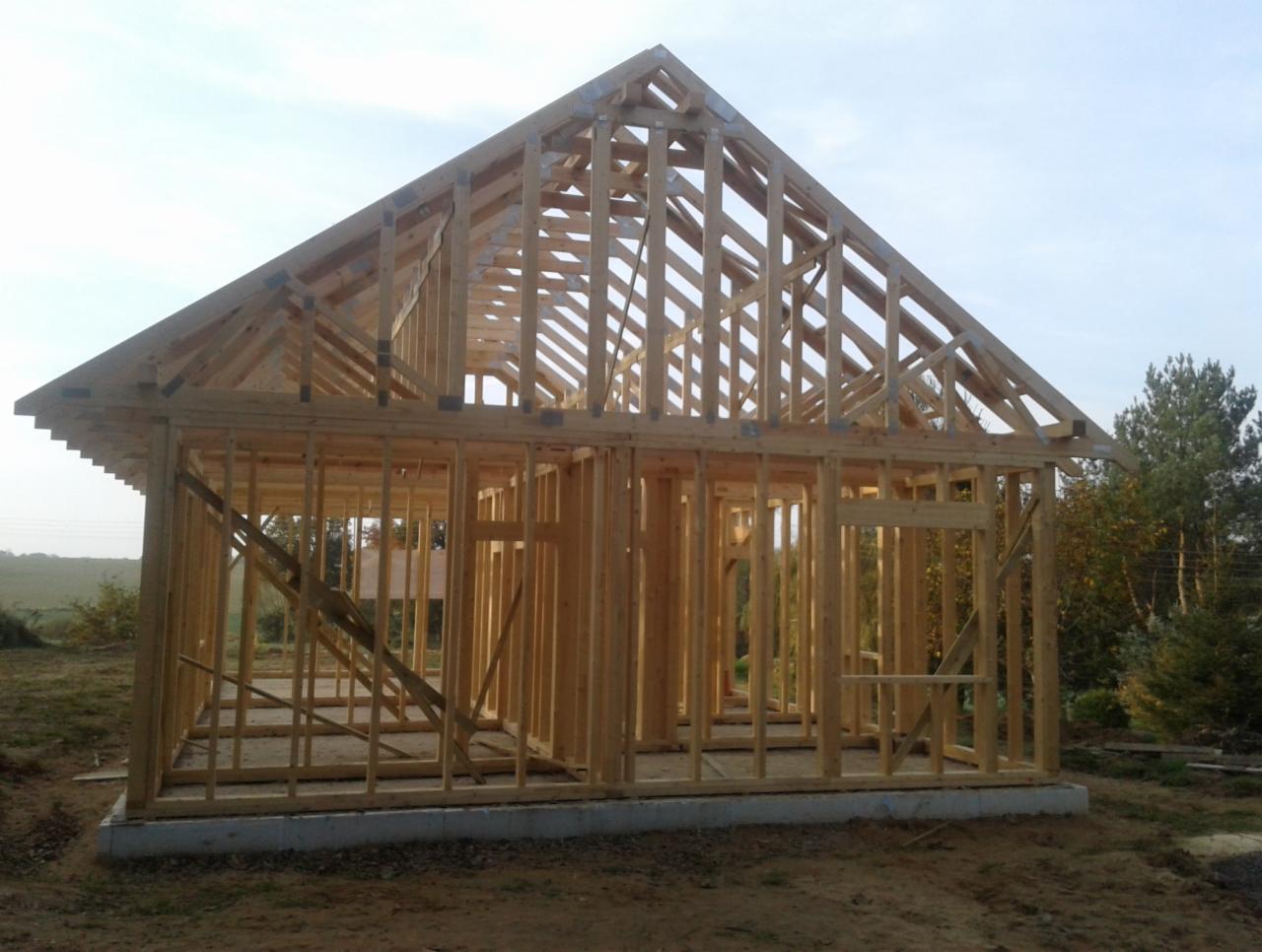 Wznoszenie drewnianej konstrukcji domu w stanie surowym otwartym, widoczne elementy szkieletu dachu i ścian, fundament betonowy, teren trawiasty w tle.