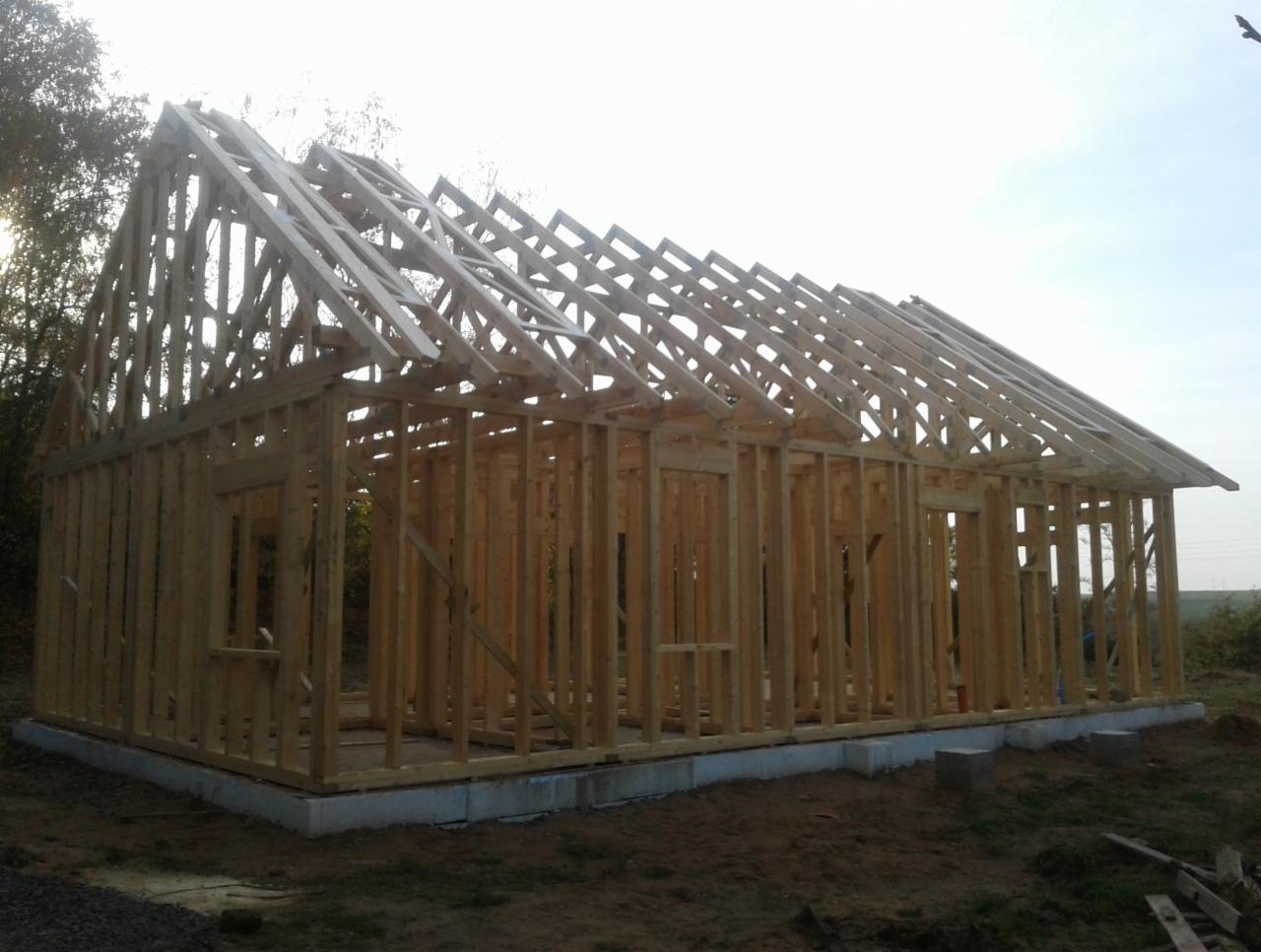 Surowy szkielet domu w trakcie budowy, widoczne drewniane ramy ścian i dachu na betonowym fundamencie, otoczenie działki z zielenią.