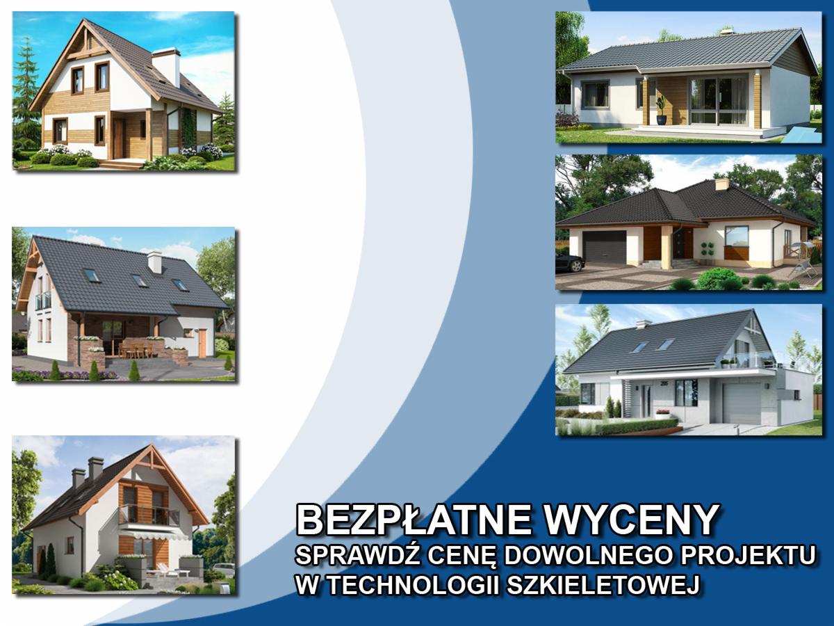 Kolaż prezentujący wizualizacje różnych projektów domów jednorodzinnych z elementami drewnianymi, z tekstem 'Bezpłatne wyceny, sprawdź cenę dowolnego projektu w technologii szkieletowej'.