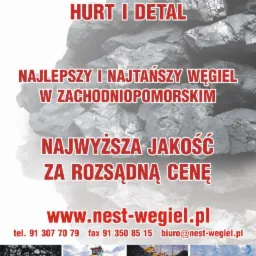 Plakat reklamowy składu opału Nest Paliwa z informacjami o sprzedaży surowców energetycznych hurt i detal, adresach składów w Chojnie, Myśliborzu, Radziszewie i Pyrzycach, oraz wsparciu polskiej...