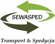 Logo firmy transportowej SEWASPED z dwoma strzałkami w kolorach zieleni i brązu, umieszczone nad napisem 'Transport & Spedycja'.