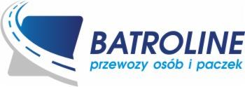 Logo firmy Batroline z motywem drogi, oferującej przewozy osób i paczek, w kolorystyce niebiesko-białej.