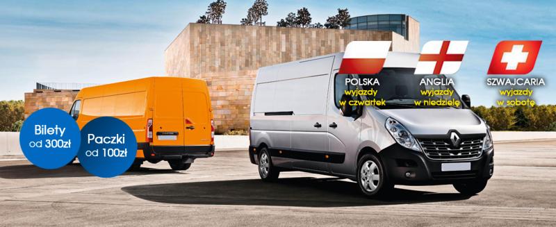 Dwa busy dostawcze Renault Master: pomarańczowy z tyłu i srebrny z flagami Polski, Anglii i Szwajcarii z przodu, z informacją o dniach wyjazdów, na tle nowoczesnego budynku.