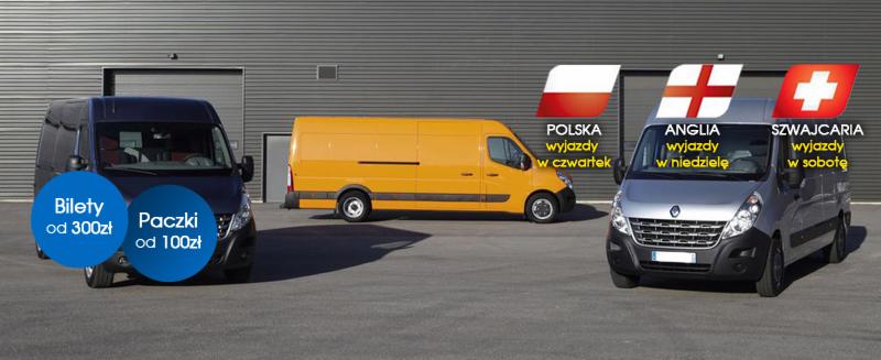 Trzy busy transportowe w kolorach granatowym, żółtym i srebrnym na tle szarego magazynu. Na srebrnym busie nałożone flagi Anglii i Szwajcarii z informacją o wyjazdach w niedzielę i sobotę, a...