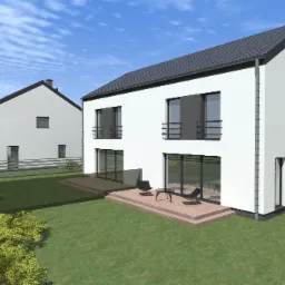 Wizualizacja dwóch nowoczesnych, dwukondygnacyjnych domów z płaskimi dachami i dużymi przeszkleniami, z drewnianymi tarasami i minimalistycznym umeblowaniem ogrodowym, na tle zielonego trawnika...