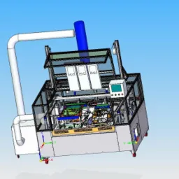 Model 3D maszyny CNC z rurą odprowadzającą, wyświetlaczem sterującym i elementami metalowymi wewnątrz obudowy.