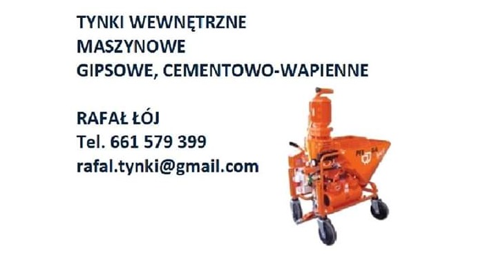 Grafika reklamowa prezentująca agregat tynkarski PFT SA na białym tle, obok dane kontaktowe firmy oferującej tynki wewnętrzne maszynowe gipsowe i cementowo-wapienne.