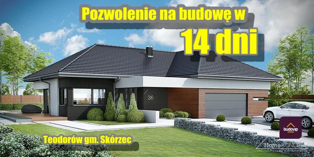 Wizualizacja projektu nowoczesnego domu jednorodzinnego z dwuspadowym dachem, numerem 36 i podjazdem, otoczonego zielenią i z zaparkowanym białym samochodem.