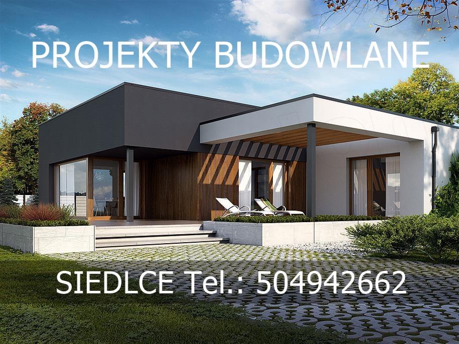 Wizualizacja projektu nowoczesnego domu jednorodzinnego z płaskim dachem, drewnianą elewacją i tarasem z leżakami, otoczonego zielenią, z napisem 'Projekty Budowlane SIEDLCE Tel.: 504942662'.