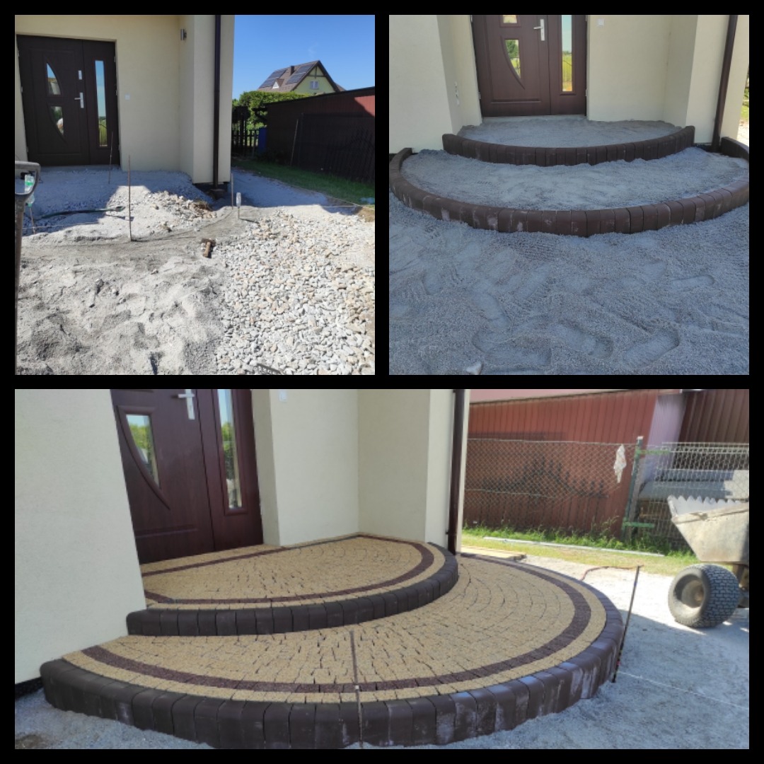 Etapy układania dwustopniowego wejścia z kostki brukowej: przygotowanie podłoża, podsypka piaskowa i gotowe schody z ciemnobrązowym obramowaniem.