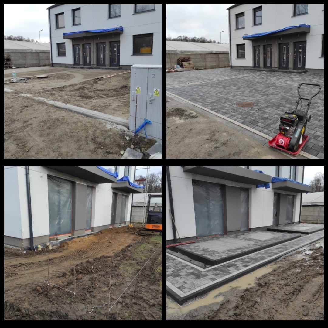 Cztery ujęcia z budowy: przygotowanie podłoża z rurą odpływową, ubijarka mechaniczna na gotowej nawierzchni z kostki, mini koparka w błotnistym terenie i fragment układanej kostki przy budynku.