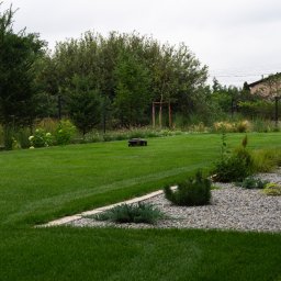 GreenPolis Sp. z o.o. - Zadbany trawnik z robotem koszącym na tle zieleni i domu. Granica trawnika wyłożona kamieniami. Widok na ogród w pochmurny dzień.