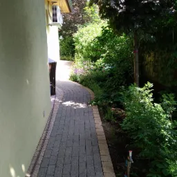 Kręta ścieżka z kostki brukowej prowadząca wzdłuż ściany budynku, otoczona bujną zielenią i drzewami, z widocznym kranem ogrodowym i klimatyzatorem na ścianie.