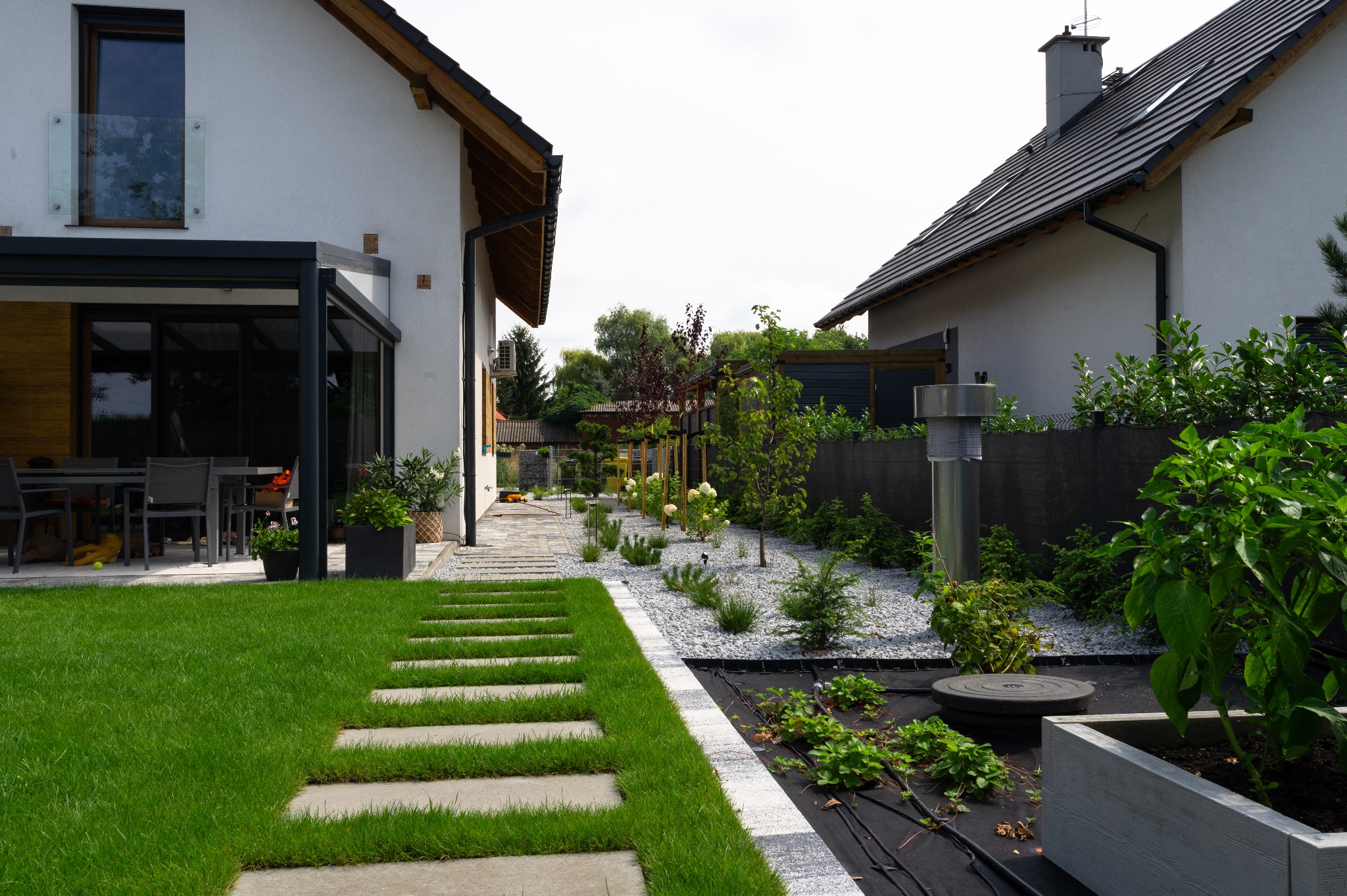 Nowoczesny ogród z trawnikiem, ścieżką z płyt, rabatami z białym grysem i roślinami. Widok na dom z pergolą i meblami ogrodowymi w tle.