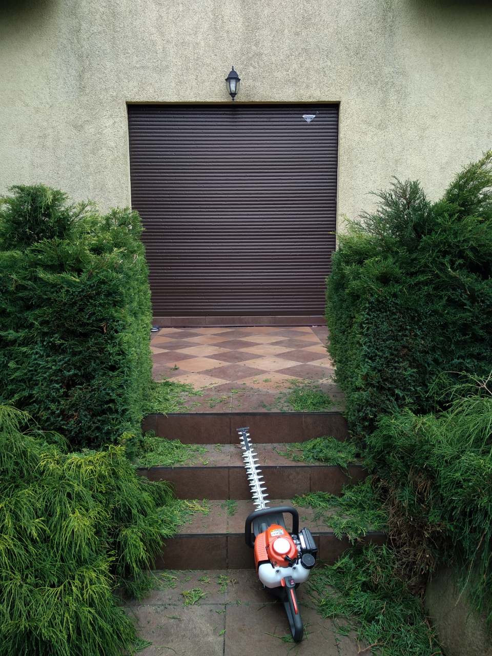Elektryczne nożyce do żywopłotu leżące na schodach prowadzących do brązowej bramy garażowej, po bokach przycięte krzewy iglaste, ślady po przycinaniu na schodach i kostce.