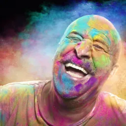 Uśmiechnięty mężczyzna z twarzą i ubraniem pokrytymi kolorowym proszkiem Holi na czarnym tle.