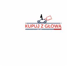 Grafika wektorowa przedstawiająca sylwetkę samochodu z przypiętą metką cenową, nad napisem 'KUPUJ Z GŁOWĄ' i poziomym paskiem w kolorach szarym i czerwonym.
