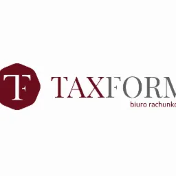 Logo firmy TAXFORM biuro rachunkowe, burgundowy znak graficzny z literą T w kształcie pieczęci po lewej stronie, nazwa firmy w kolorze burgundowym i szarym po prawej