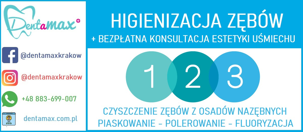Grafika reklamowa kliniki dentystycznej Dentamax z ofertą higienizacji zębów, obejmującą czyszczenie, piaskowanie, polerowanie i fluoryzację, oraz bezpłatną konsultację estetyki uśmiechu,...
