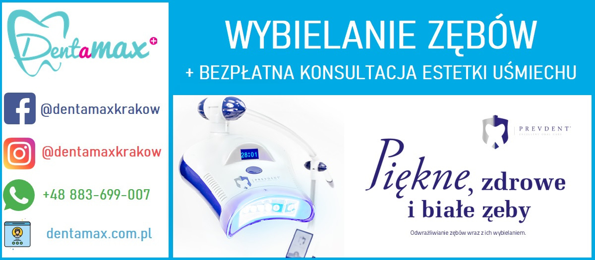 Grafika reklamowa gabinetu stomatologicznego Dentamax z Krakowa, oferującego wybielanie zębów i bezpłatną konsultację estetyki uśmiechu, prezentująca urządzenie do wybielania zębów PrevDent.