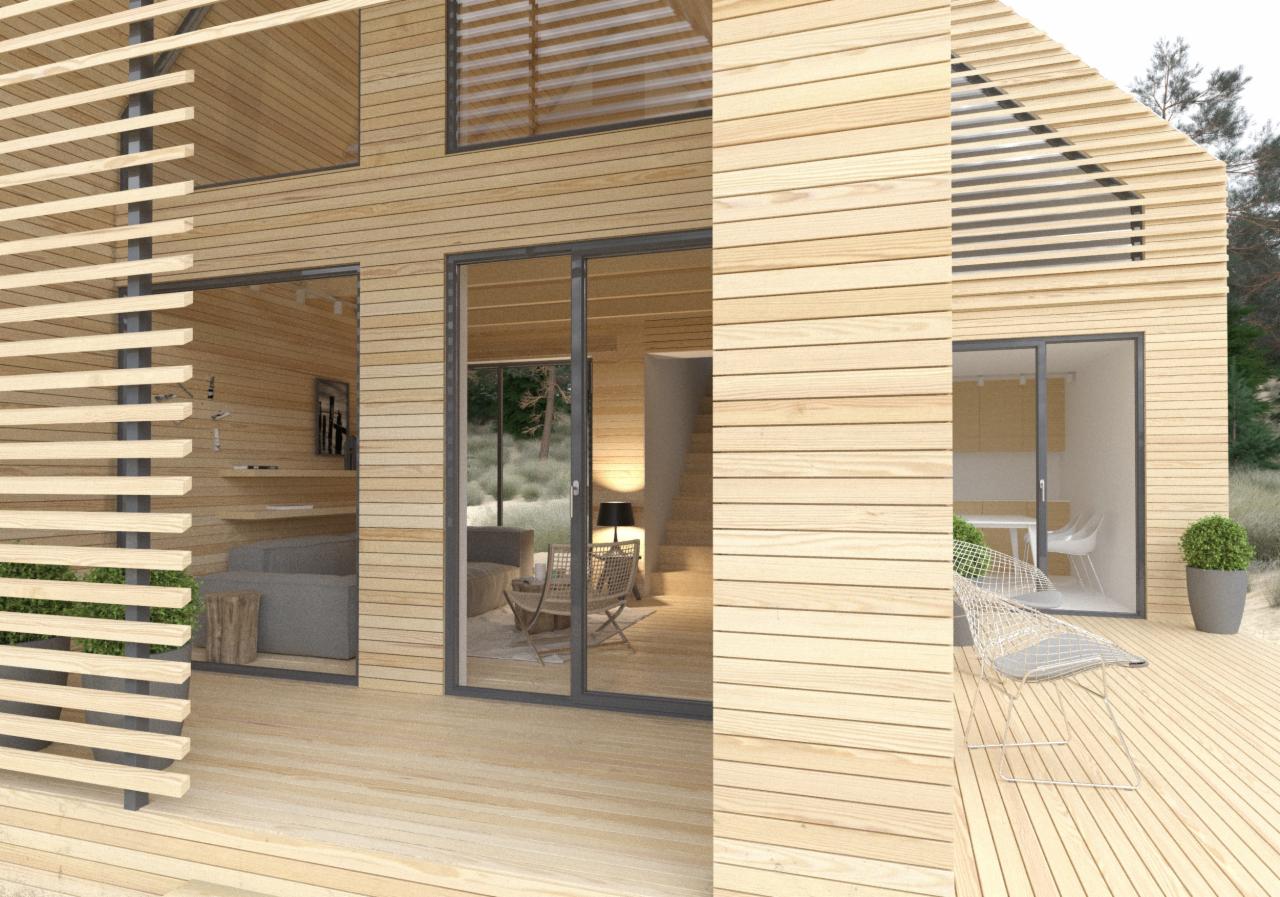Wizualizacja zewnętrzna nowoczesnego domu z drewnianą elewacją, dużymi przeszkleniami i drewnianym tarasem, widok na salon i jadalnię przez okna.