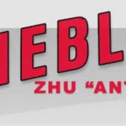 Czerwony napis 'MEBLE' nad nazwą firmy 'ZHU ANTEX' na szarym tle, logo producenta.