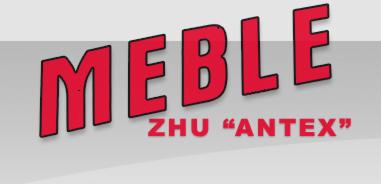 Czerwony napis 'MEBLE' nad nazwą firmy 'ZHU ANTEX' na szarym tle, logo producenta.
