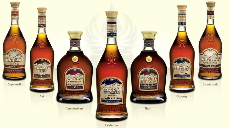 Różne butelki armeńskiego brandy Ararat, każda z innym oznaczeniem wieku i nazwą, ustawione obok siebie na jasnym tle.