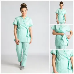 Kobieta prezentuje miętowy komplet odzieży roboczej z zielonymi lamówkami, składający się z bluzy wiązanej w pasie i spodni, na jasnym tle z dodatkowymi zbliżeniami detali.