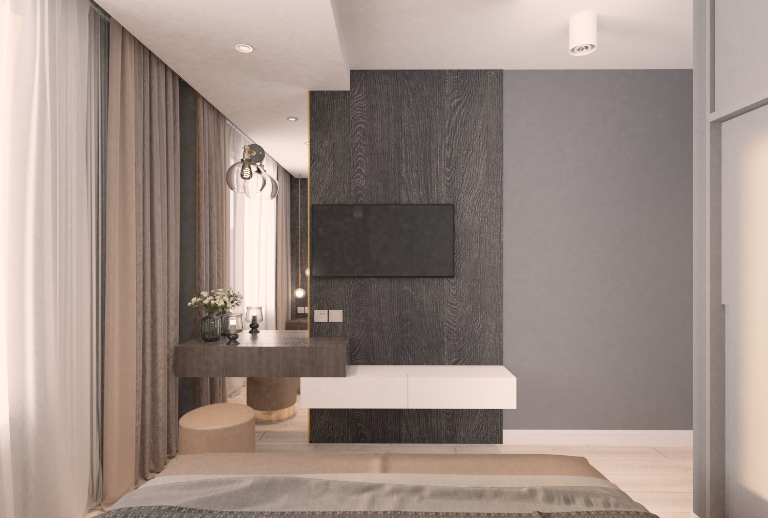 Wizualizacja sypialni z toaletką, lustrem, telewizorem na ścianie z drewnianym panelem i beżowymi zasłonami.