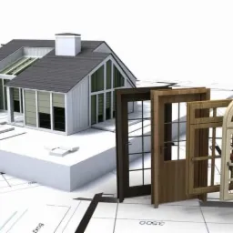 Wizualizacja 3D domu z różnymi modelami okien i drzwi na planie architektonicznym.