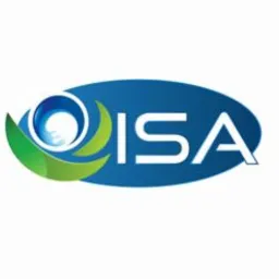 Niebiesko-biało-zielone logo ISA z abstrakcyjnym symbolem oka/wody i liści na białym tle.