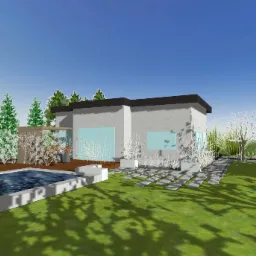 Wizualizacja projektu ogrodu w Częstochowie z basenem, nowoczesnym domem i ścieżką z płyt.