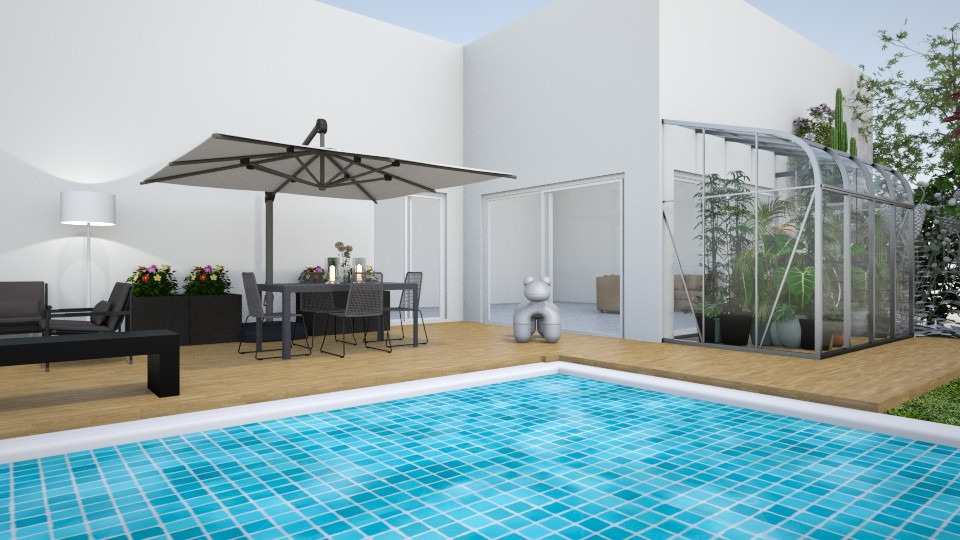 Wizualizacja nowoczesnego ogrodu z basenem, szarymi meblami ogrodowymi pod dużym parasolem, oranżerią z roślinami i dekoracyjną rzeźbą w kształcie misia.