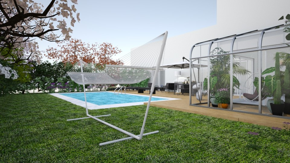 Wizualizacja ogrodu z basenem, hamakiem na stelażu i przeszkloną oranżerią z roślinami w tle.