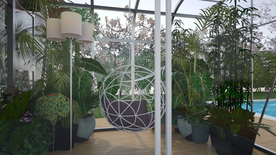Szklana weranda w Częstochowie z wiszącym fotelem w kształcie kuli, otoczona bujną zielenią roślin doniczkowych i widokiem na basen.