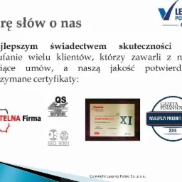 Zestaw certyfikatów i nagród firmy, w tym ISO 27001, ISO 9001 oraz nagroda 'Najlepszy Produkt dla MSP 2015' przyznana przez Gazetę Finansową, potwierdzające jakość i rzetelność.