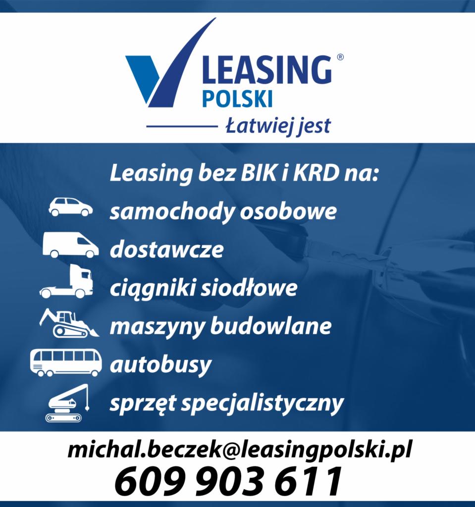 Logo firmy Leasing Polski z informacją o leasingu bez BIK i KRD na samochody osobowe, dostawcze, ciągniki siodłowe, maszyny budowlane, autobusy i sprzęt specjalistyczny, kontakt e-mail i numer...