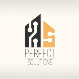 Logo firmy Perfect Solutions z symbolem domu w kolorach czarnym i pomarańczowym, przypominającym schemat elektryczny.