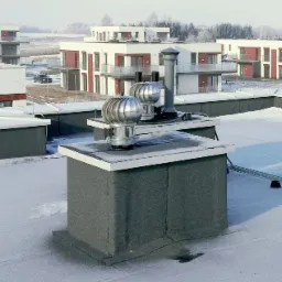 Turbiny dachowe wentylacyjne i komin na płaskim dachu budynku mieszkalnego w zimowej scenerii, widoczne oszronione powierzchnie.