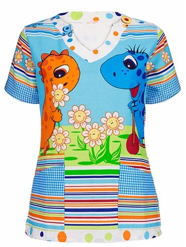 Kolorowa bluza medyczna z nadrukiem dinozaurów i kwiatów, wzorzyste wstawki na rękawach i kieszeniach, widoczna w całości.