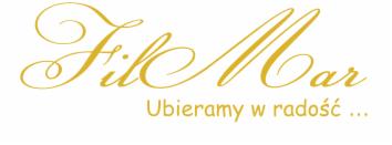 Złote logo firmy odzieżowej 'FileMar' z hasłem 'Ubieramy w radość...' na białym tle.